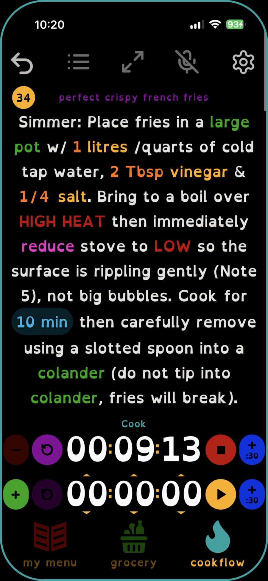 Cookflow cooking screen with synced multi-recipe timers