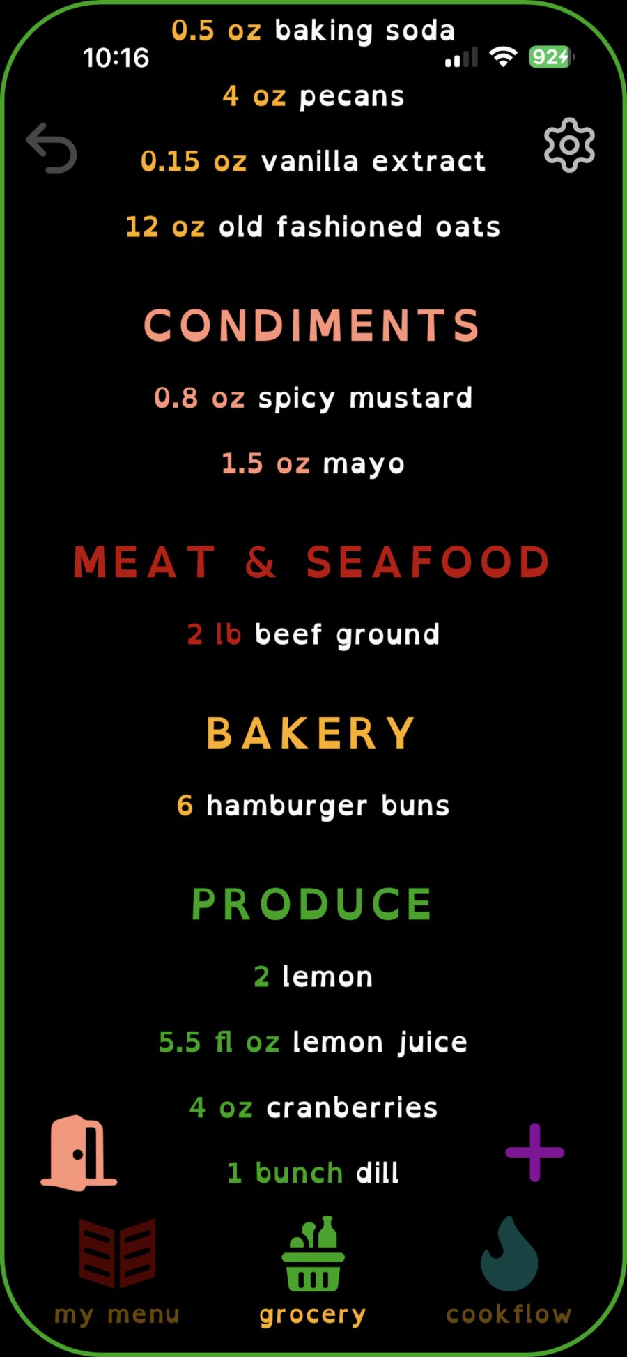 Cookflow grocery list organized by store aisle