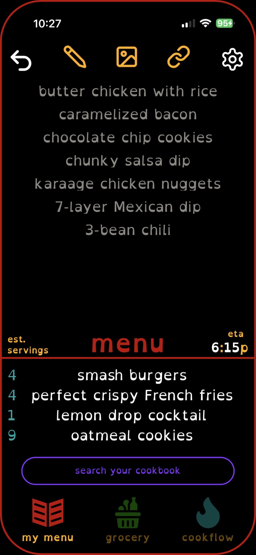Cookflow menu screen showing recipes with servings and ETA